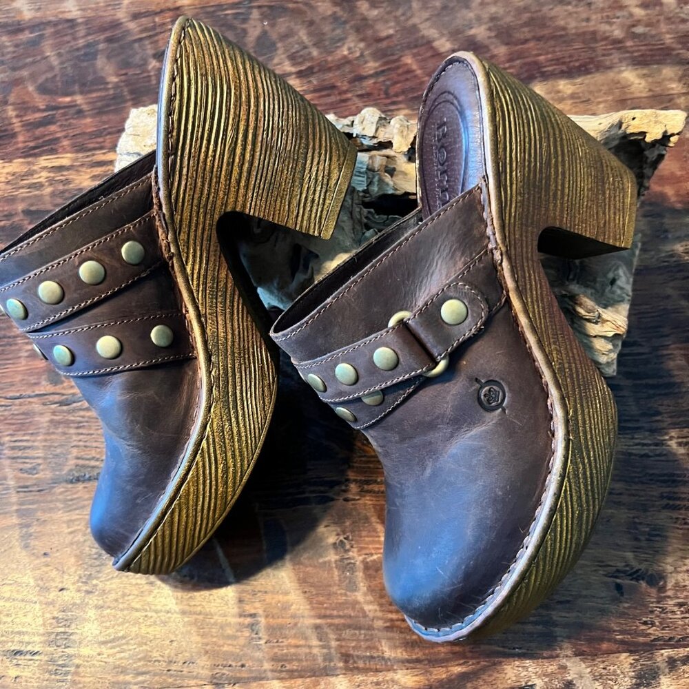 Born Marney Studded Brown Leather Clogs 9